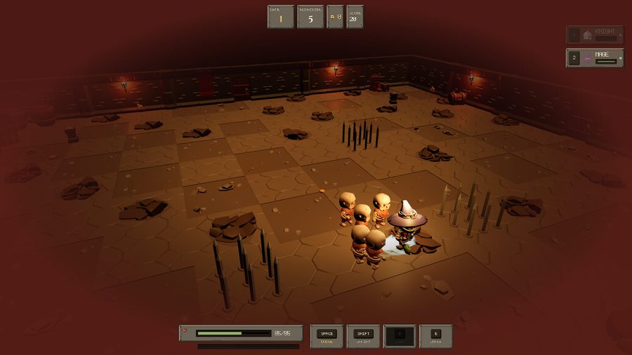 A wide view of the whole dungeon arena: a tiled stone floor scattered with rubble, spike traps, a raised dais and torchlit walls, with the HUD across the top and bottom.