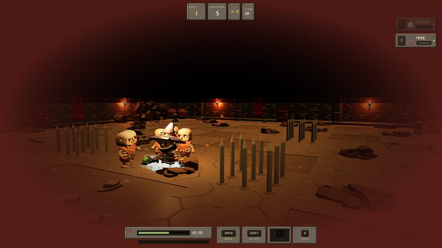A mage casting a frost blast into a group of skeletons, with spike pits and a torchlit wall behind.