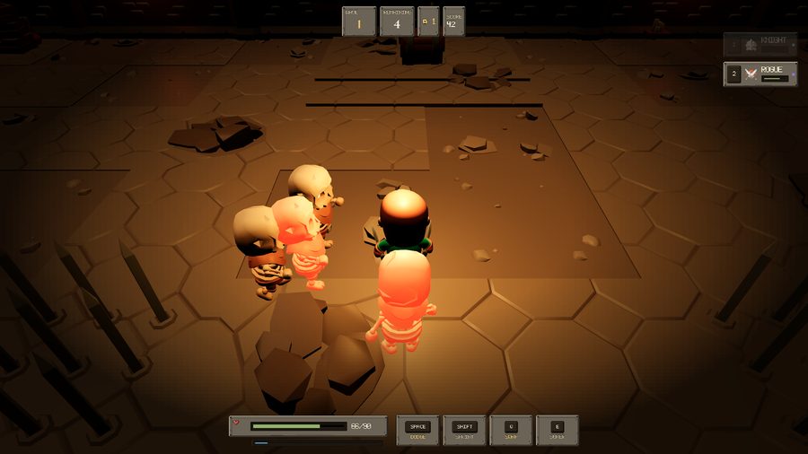 A knight faces a cluster of skeletons, two glowing red as they wind up an attack, on a torchlit stone floor.