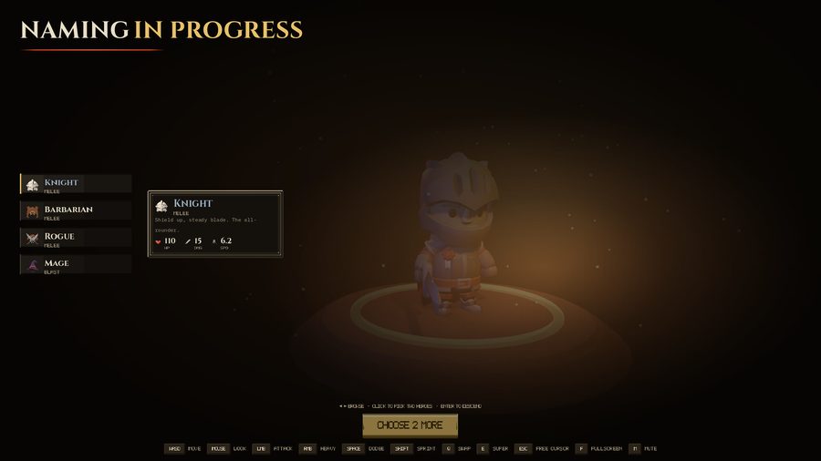 Title screen: the wordmark Naming In Progress above a knight standing on a lit stone dais, with a roster of four heroes at the left.