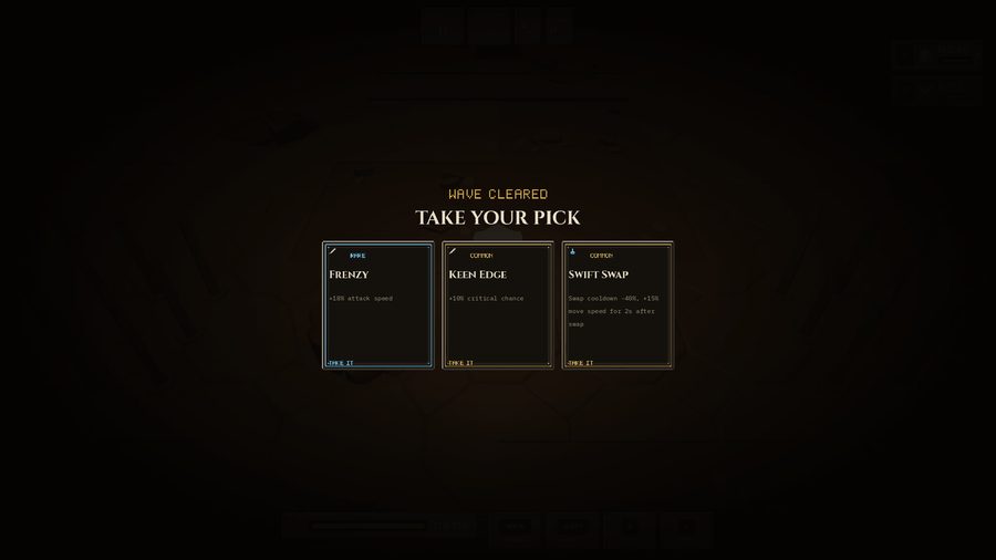 Upgrade screen: three cards labelled Frenzy, Keen Edge and Swift Swap, each with a tier label and a Take It button.